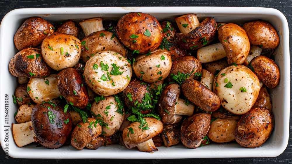 a white rectangular ceramic dish filled with cooked mushrooms a white rectangular ceramic dish filled with cooked mushrooms