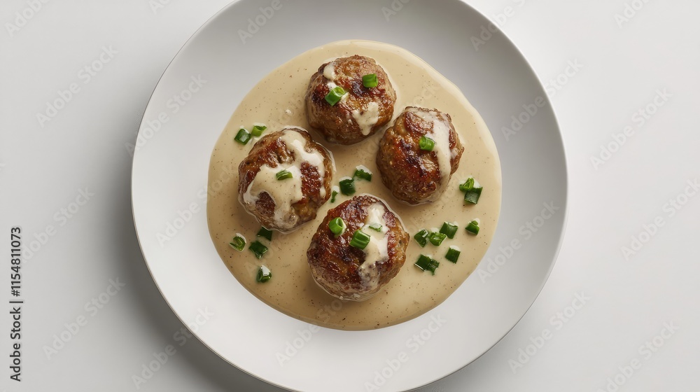 Savory Meatballs with Creamy Sauce and Green Garnish on Plate Savory Meatballs with Creamy Sauce and Green Garnish on Plate