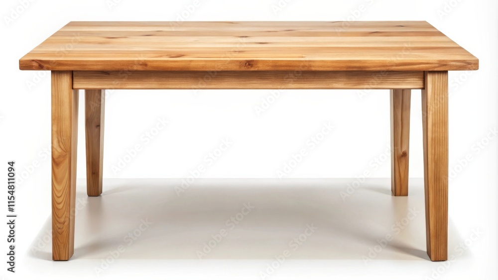 A simple, light wood square dining table with four tapered legs, isolated on a white background A simple, light wood square dining table with four tapered legs, isolated on a white background