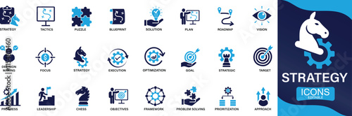  Strategy icon set. goal, tactics, vision, plan, objective, roadmap, problem-solving, mission, solution You can easily change the color