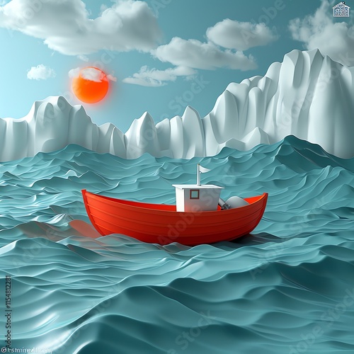 Red boat sailing on turquoise waves near white mountains and orange sun.