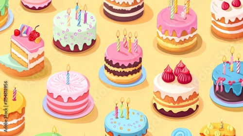 Wallpaper Mural 12.A charming collection of colorful birthday cakes with various layers, frosting designs, and playful candle details; the seamless vector layout brings a joyful and festive feel, suitable for party Torontodigital.ca
