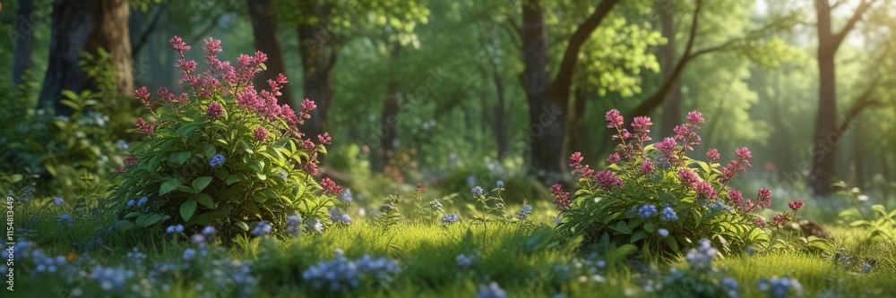 Obraz premium Spring forest landscape with a blueberry bush in full bloom amidst the greenery, blueberry flower blooming, blossoming, floral
