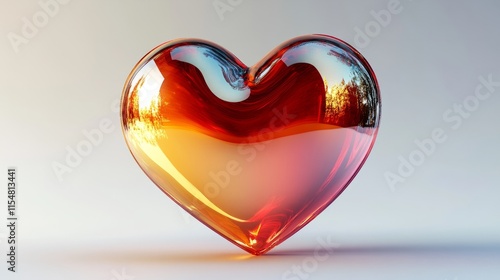 A smooth metallic 3D heart shape in a gradient of red and gold, placed on a white backdrop photo