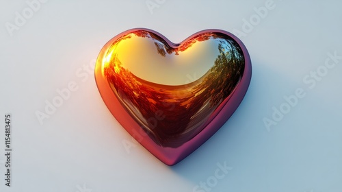 A smooth metallic 3D heart shape in a gradient of red and gold, placed on a white backdrop photo