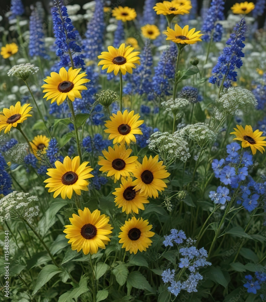 Sunflower petals scattered around a central stem adorned with a bunch of blue delphiniums and Queen Anne's lace, delphiniums, Queen Anne's lace Sunflower petals scattered around a central stem adorned with a bunch of blue delphiniums and Queen Anne's lace, delphiniums, Queen Anne's lace