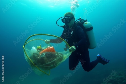 Wallpaper Mural A scuba diver holding a net filled with collected plastic debris Torontodigital.ca