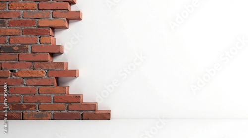 A partially constructed brick wall against a stark white background, showcasing the texture and color variations of the bricks, leaving ample space for text or design elements.