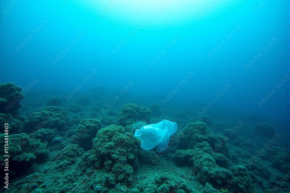 Fototapeta premium Plastic waste trapped in coral reefs underwater