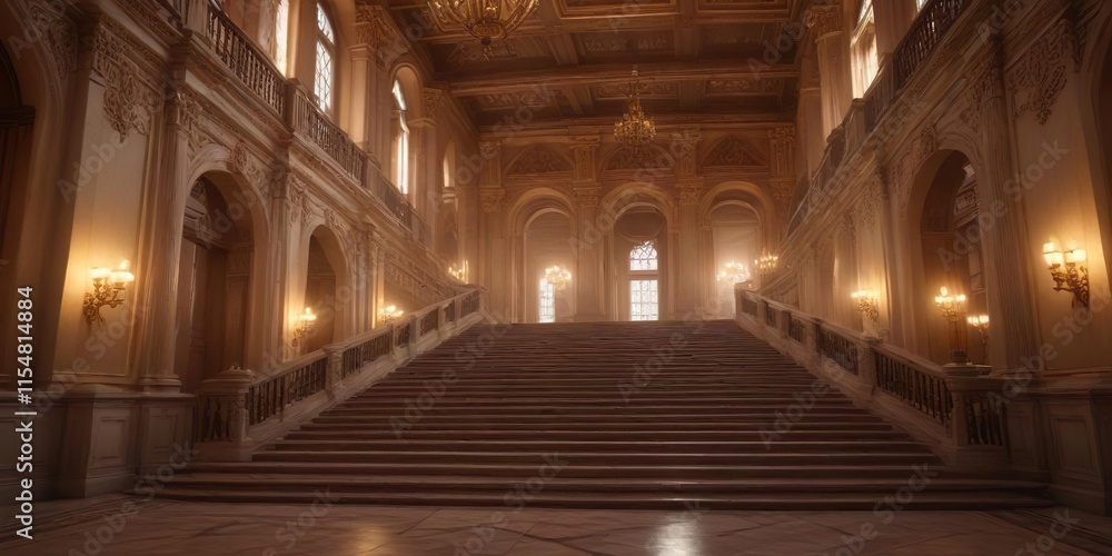 The palace's grand staircase at dawn with soft lighting, dawn, palace The palace's grand staircase at dawn with soft lighting, dawn, palace