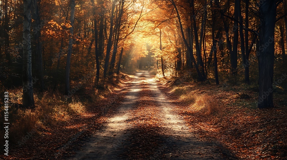 Fototapeta premium Autumn Forest Path, Sunlight, Tranquil, Nature, Fall