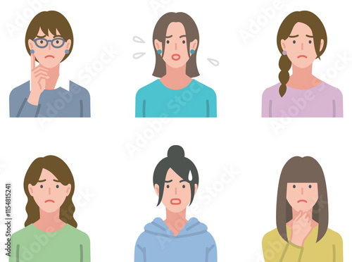 困った表情をしたカジュアルな服装の女性セット