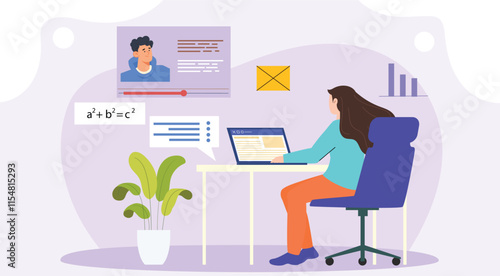 An engaging illustration of a student attentively watching a virtual lecture, with digital learning icons.