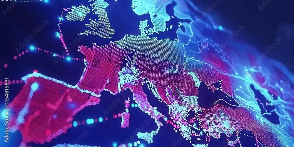 Dynamic data visualization of european market trends digital map technology nighttime aerial perspective Dynamic data visualization of european market trends digital map technology nighttime aerial perspective
