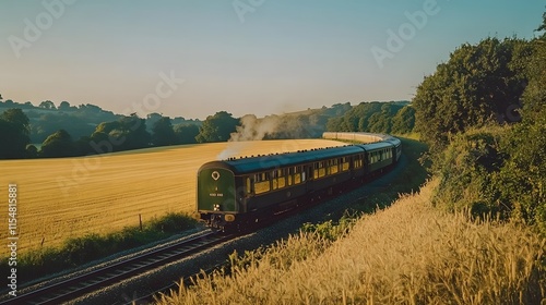 Vintage train journey through golden fields countryside photography sunrise scenic view nostalgia