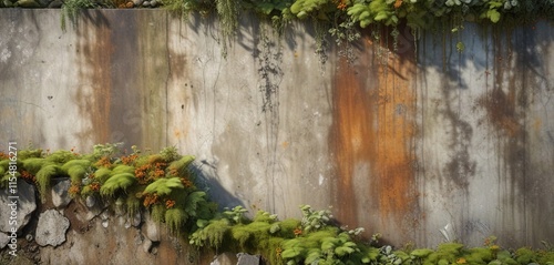 Weathered cement wall with moss and lichen growth and rusty metal, mildewy surfaces , moldy walls, fungal growth photo