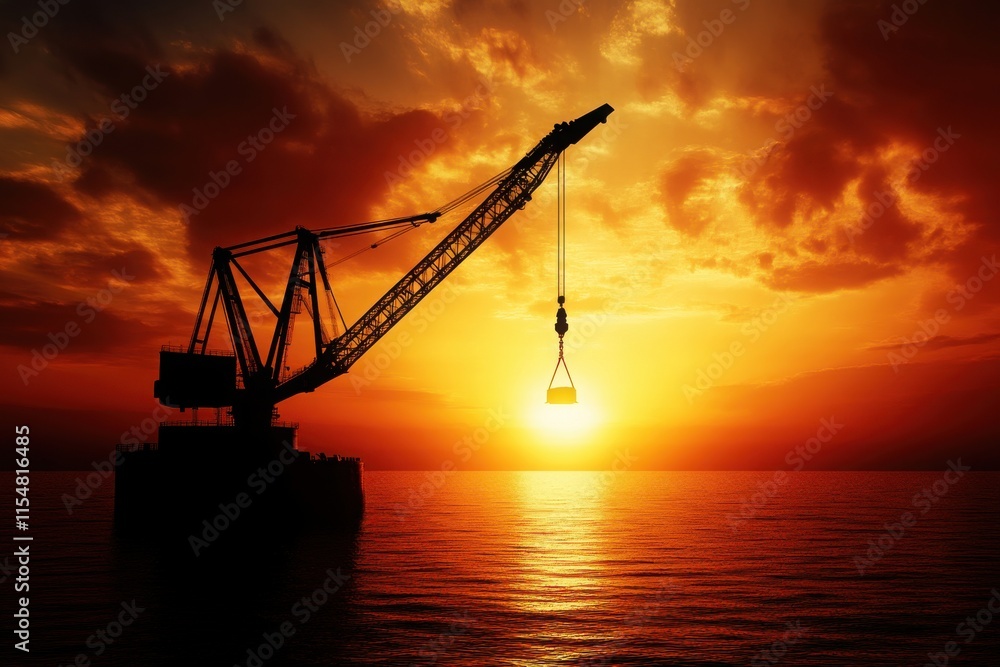 Crane Silhouette Against Fiery Sunset Over Ocean Crane Silhouette Against Fiery Sunset Over Ocean
