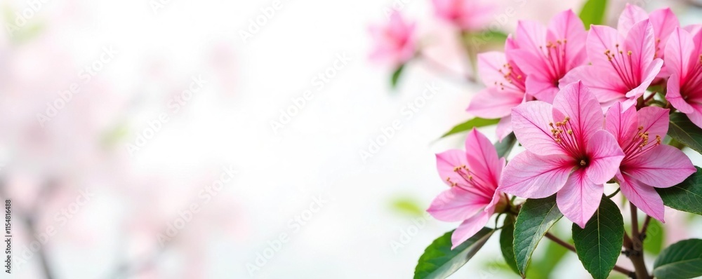 Fototapeta premium White background with pink azalea flowers and green foliage, pink, flower