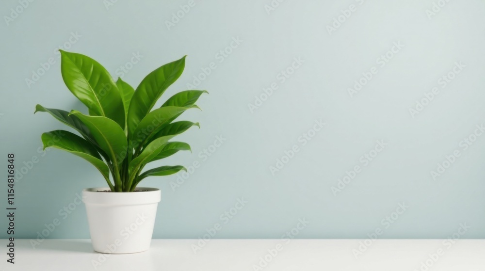 Lush Green Foliage in a Simple White Pot Against a Serene Light Blue Wall, a Peaceful and Minimalist Indoor Plant Scene Lush Green Foliage in a Simple White Pot Against a Serene Light Blue Wall, a Peaceful and Minimalist Indoor Plant Scene