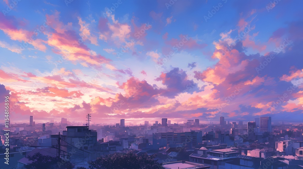 Fototapeta premium Anime aesthetic of pink and blue clouds over a cityscape, creating a dreamy twilight scene.