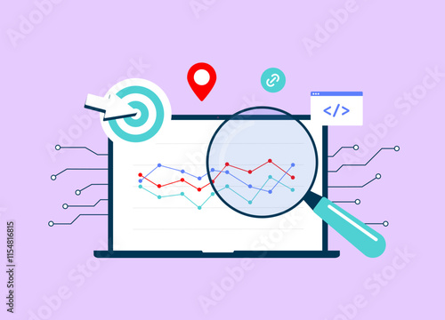 Ai-Powered SEO Competitor Analysis. Ai Digital Marketing concept. Automated seo reporting with data metrics market research and competitors analysis. Isolated vector illustration with icons
