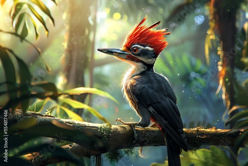 Red-crested woodpecker on branch in lush forest.