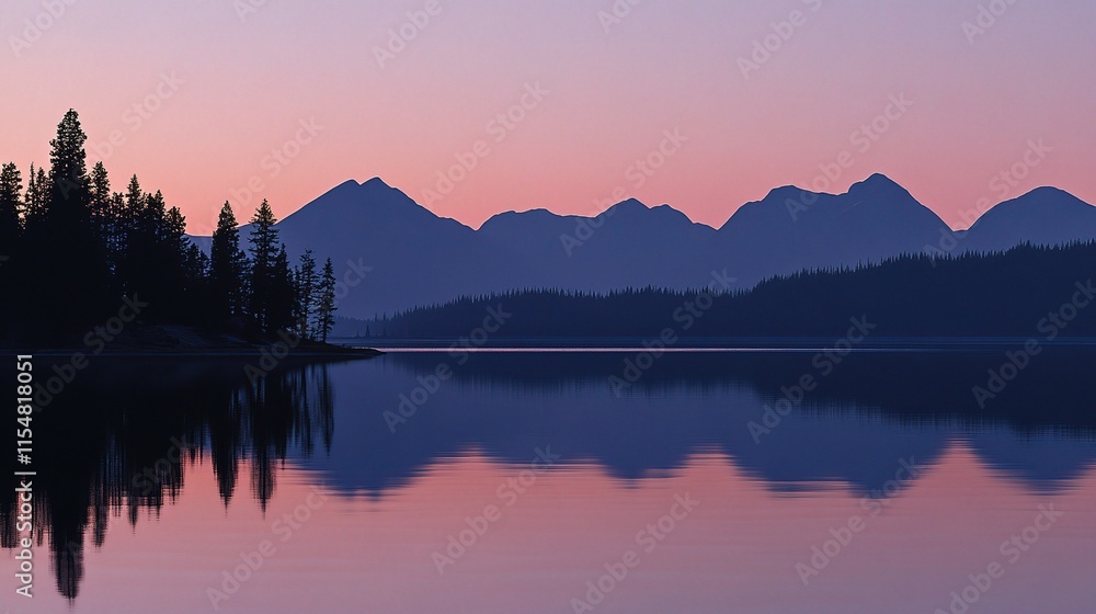 Fototapeta premium Twilight Serenity at Maligne Lake with Reflections and Dusk Colors