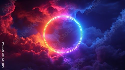 Vibrant Neon Ring Glowing Amidst Stormy Colorful Clouds