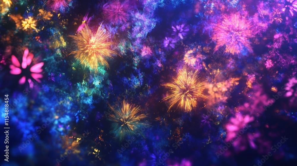 Fototapeta premium 51.A vibrant fireworks display background in deep blue and purple hues with multiple colorful bursts in pink, gold, and green, lighting up the night sky, creating a festive and dynamic scene perfect