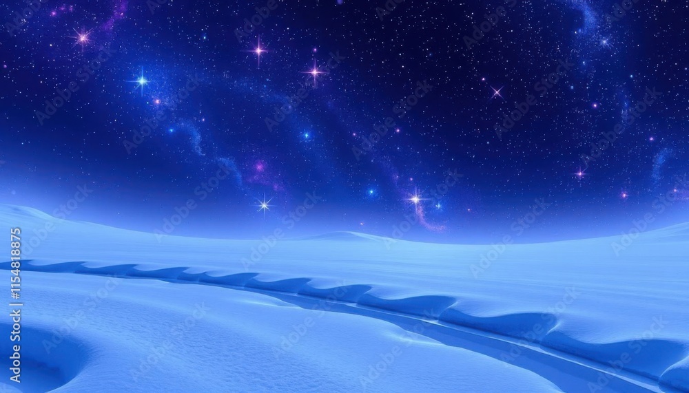 Naklejka premium a snow covered field with a star filled sky and a path
