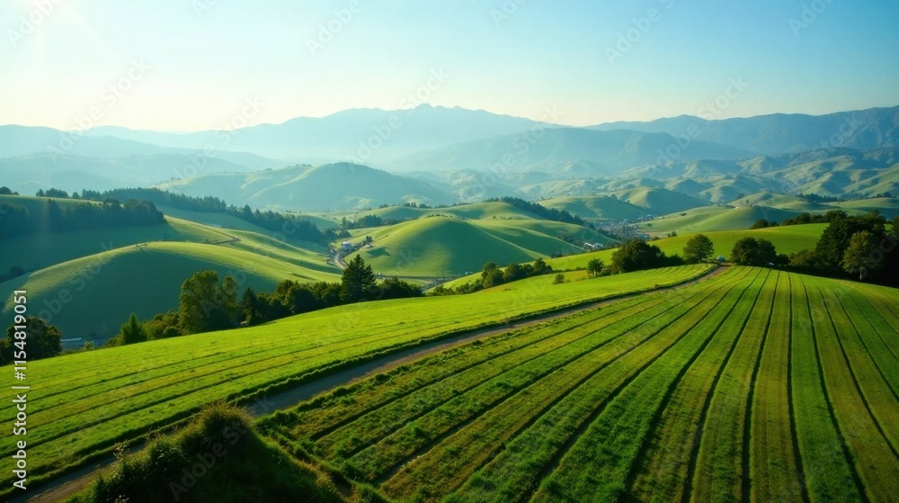 Serene Rolling Hills Landscape Verdant Meadows and Gentle Slopes Under a Clear Sky Serene Rolling Hills Landscape Verdant Meadows and Gentle Slopes Under a Clear Sky
