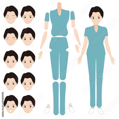 【シンプルな人物イラストセット 全身 看護師スタイルの男性01】　キャラクターは各パーツがレイヤーで構成されていて自由にポーズを付けることができます。また、表情も10パターンあり口を動かしたり瞬きすることもできます。A set of face, arm and body parts that can be used for animation and illustrations. DIY kit