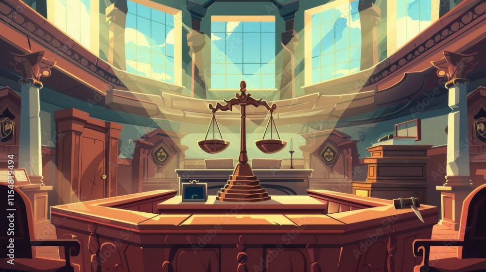 Scales of justice illuminated by sunlight in a majestic courtroom with elegant architectural details and warm wooden furnishings. Scales of justice illuminated by sunlight in a majestic courtroom with elegant architectural details and warm wooden furnishings.