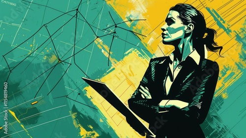 Confident female leader with visionary outlook, holding a tablet in a dynamic and abstract background of green and yellow tones.