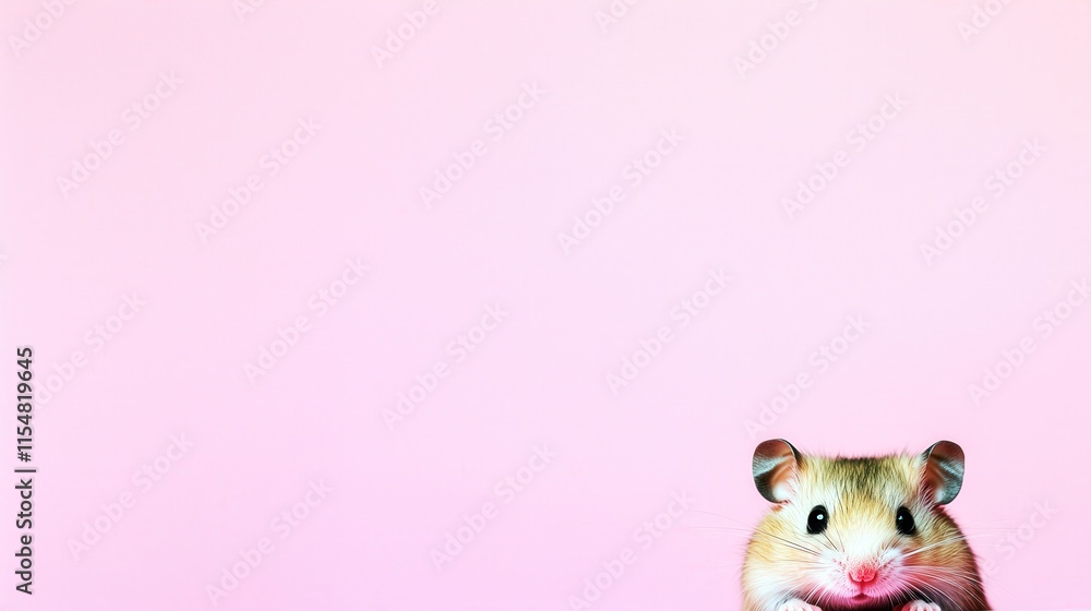 Fototapeta premium Adorable Hamster Peeking Out Against Soft Pink Background Wallpaper – Minimalist Animal Photography