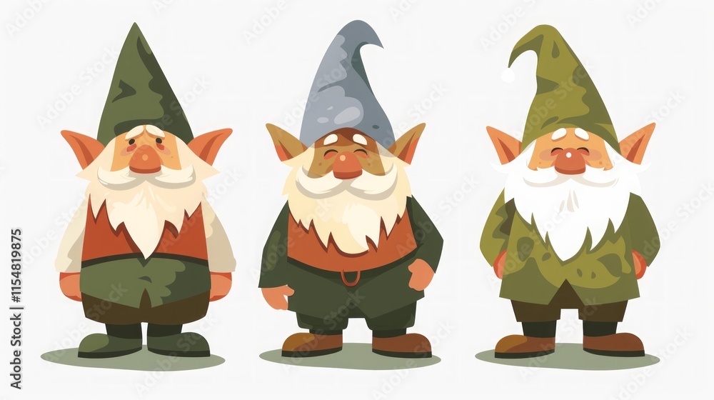 Rustic vector illustration of a set of charming garden gnomes, dressed in earthy tones with distinct hats and beards, perfect for woodland and nature-inspired themes. Rustic vector illustration of a set of charming garden gnomes, dressed in earthy tones with distinct hats and beards, perfect for woodland and nature-inspired themes.