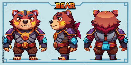Bear ,game character design sheet, 3 multiple views font, views lateral, views back 