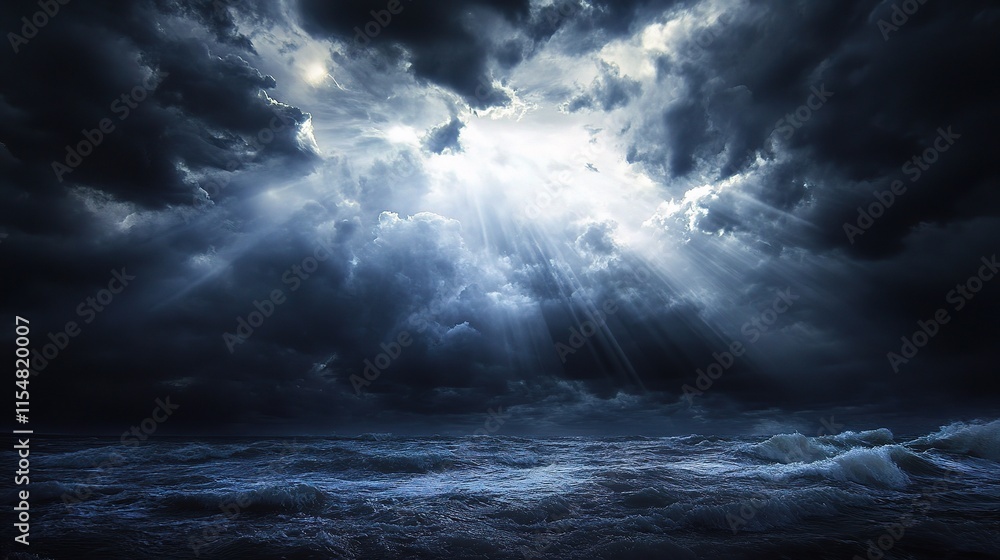 Powerful Light Beams Piercing Through Dark Stormy Clouds Over Sea Powerful Light Beams Piercing Through Dark Stormy Clouds Over Sea
