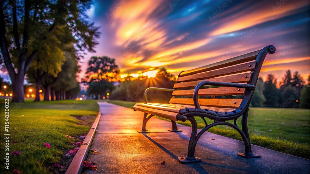Dusk descends, city glow paints a lonely bench, night's stillness captured. Dusk descends, city glow paints a lonely bench, night's stillness captured.