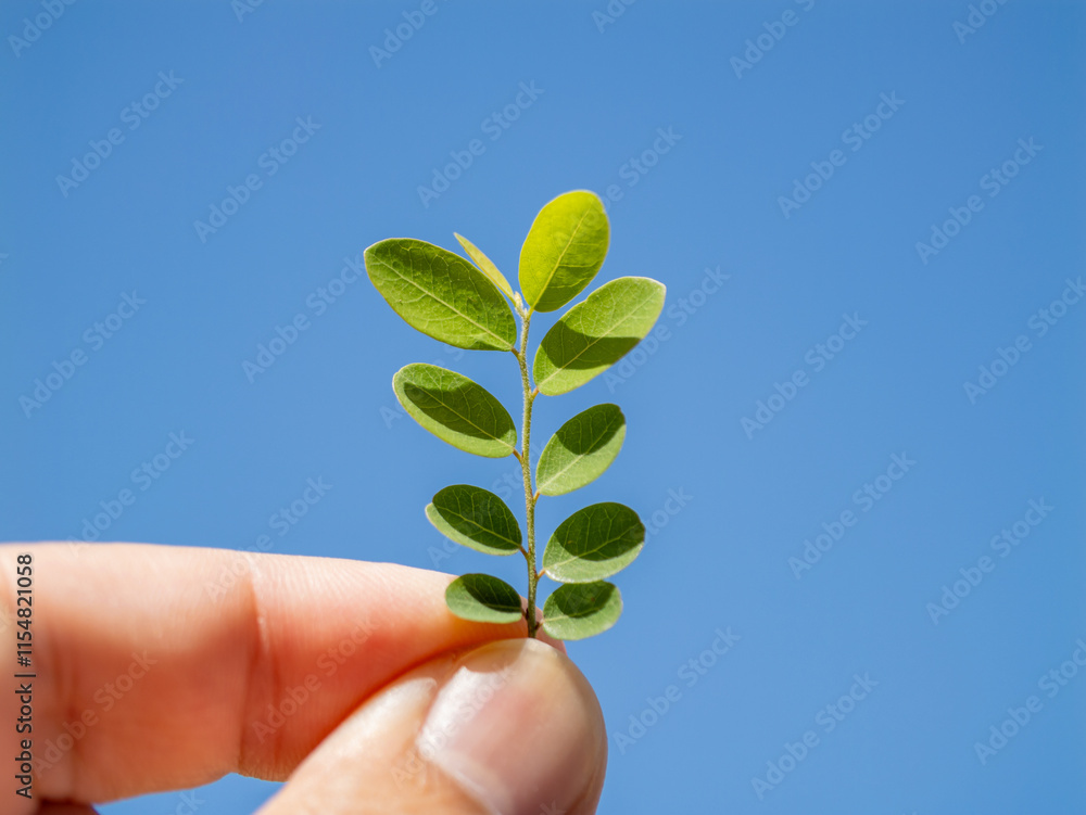 Hand holding a green leaf against a clear sky nature focus outdoor close-up organic beauty Hand holding a green leaf against a clear sky nature focus outdoor close-up organic beauty