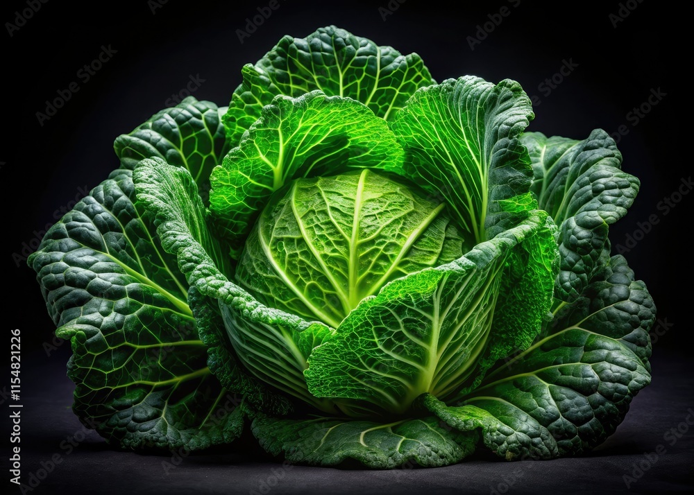 Obraz premium Fresh green cabbage against a black backdrop. A healthy, vegan produce staple for cooking, markets, and grocery stores.