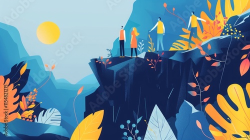 Teamwork concept illustration showing people collaborating on a scenic mountain cliff surrounded by vibrant plants and a sunny sky. photo