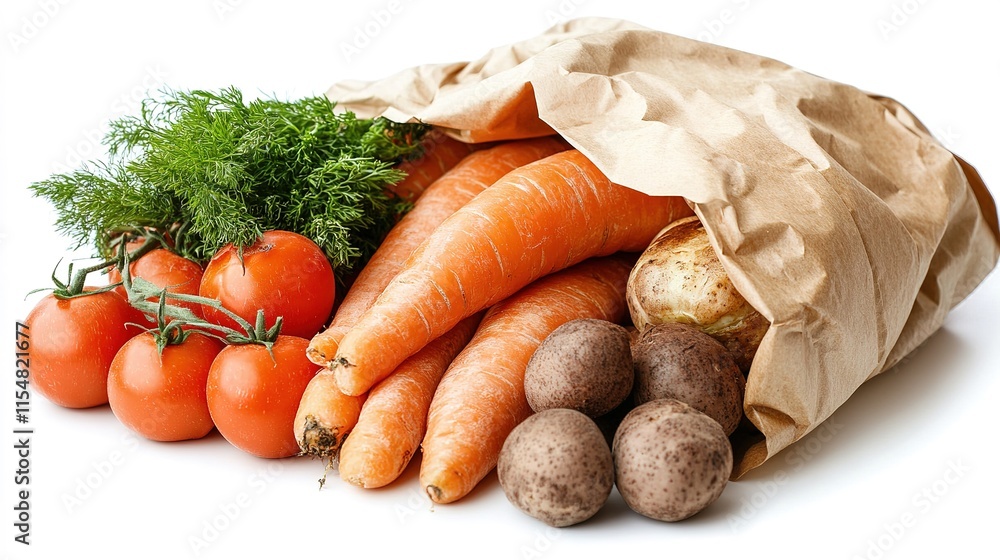 Full paper bag with food. Flat lay. A filled paper bag with a variety of different healthy foods. on a white background. Full paper bag with food. Flat lay. A filled paper bag with a variety of different healthy foods. on a white background.