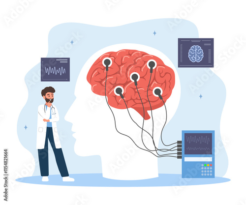Neurologist concept. Man in medical uniform examine human brain. Electroencephalography. Brain Connected to Display with EEG Indication. Vector illustration in flat cartoon style.