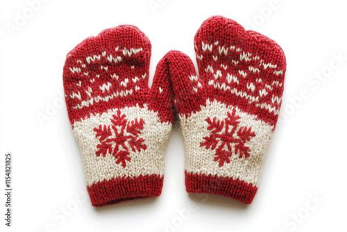 Pair of red and white mittens with snowflakes, isolated on a white background, perfect for winter themes photo