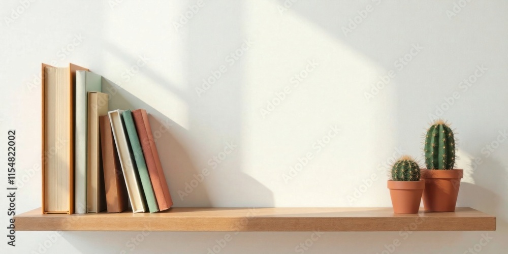 Simple Wooden Shelf with Books and Cacti in Soft Sunlight Simple Wooden Shelf with Books and Cacti in Soft Sunlight
