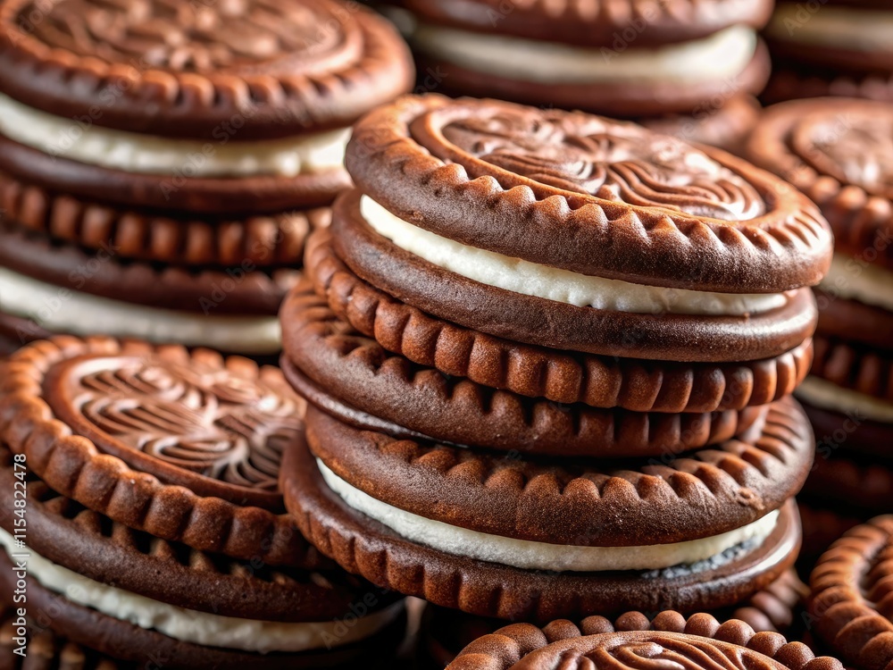 High-resolution macro reveals delectable Oreo cookies; chocolate layers, creamy centers, a tempting snack. High-resolution macro reveals delectable Oreo cookies; chocolate layers, creamy centers, a tempting snack.