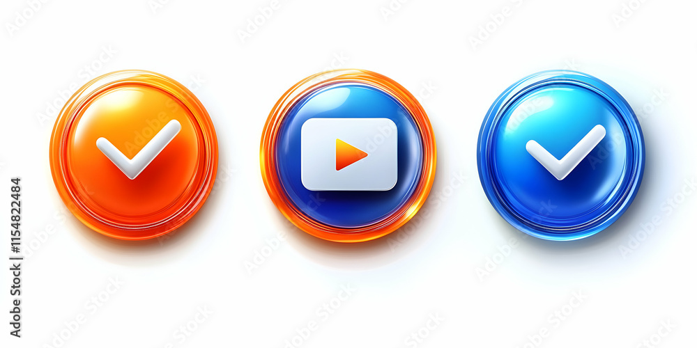 Glossy 3D Buttons with Checkmarks and Play Icon Illustration Glossy 3D Buttons with Checkmarks and Play Icon Illustration