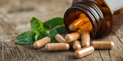 Organic supplements in brown bottle with capsules spilling out, surrounded by fresh mint leaves, evoke sense of natural wellness