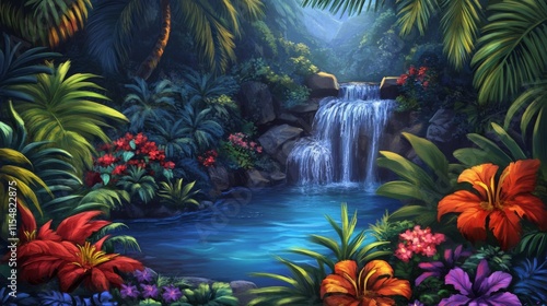 Cascading Waterfall into Tranquil Pool with Vibrant Plants
